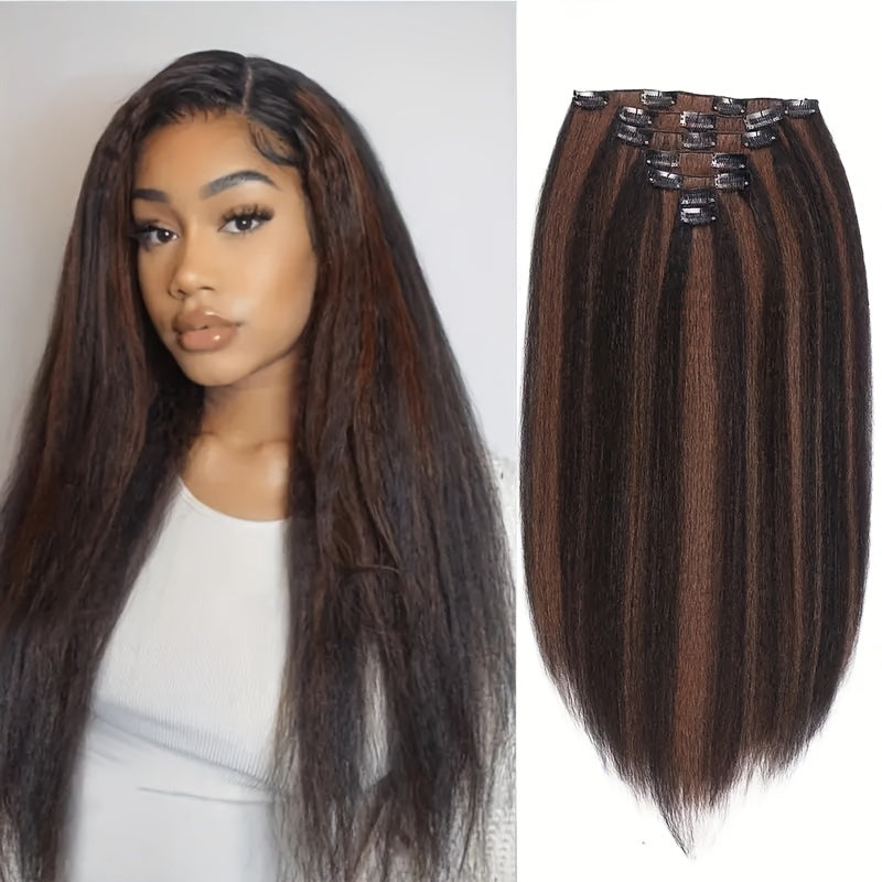 Kinky Straight Clip In Wig Extensions Full Head Yaki Straight Clips In For Women Synthetic Wig 7Pcs Wig Accessories